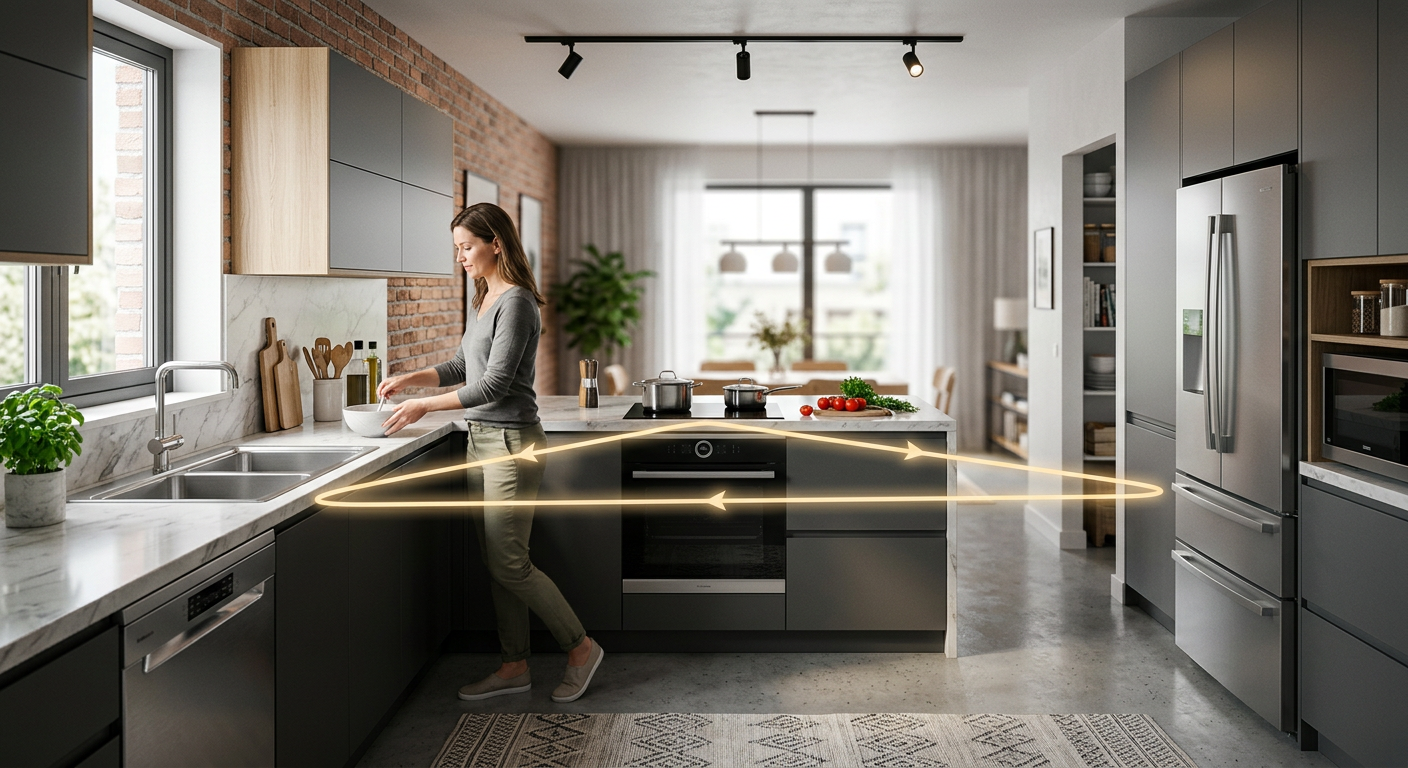 Ergonomic kitchen workspace featuring the golden triangle efficiency rule